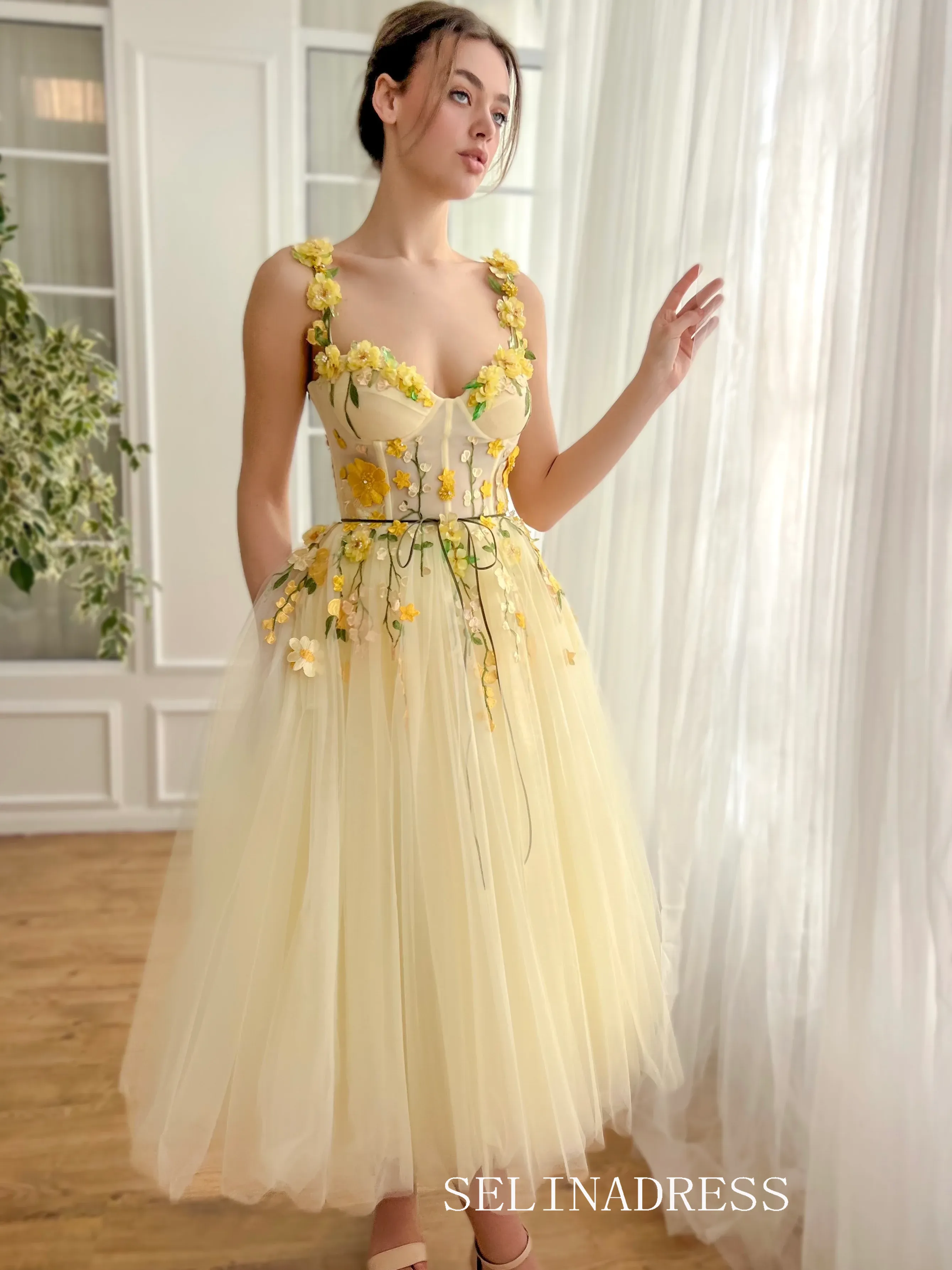 Yellow Floral Wedding Dress Tea Length Tulle Prom Dresses Princess Evening Gowns EWR308