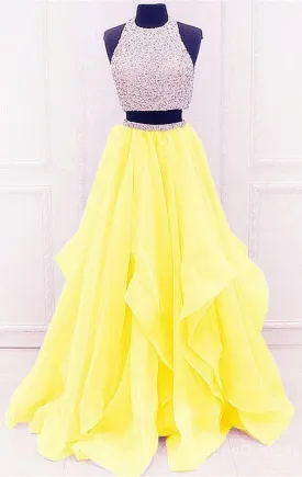 yellow prom dresses two piece prom dresses Tow pieces prom dresses sparkle prom dresses